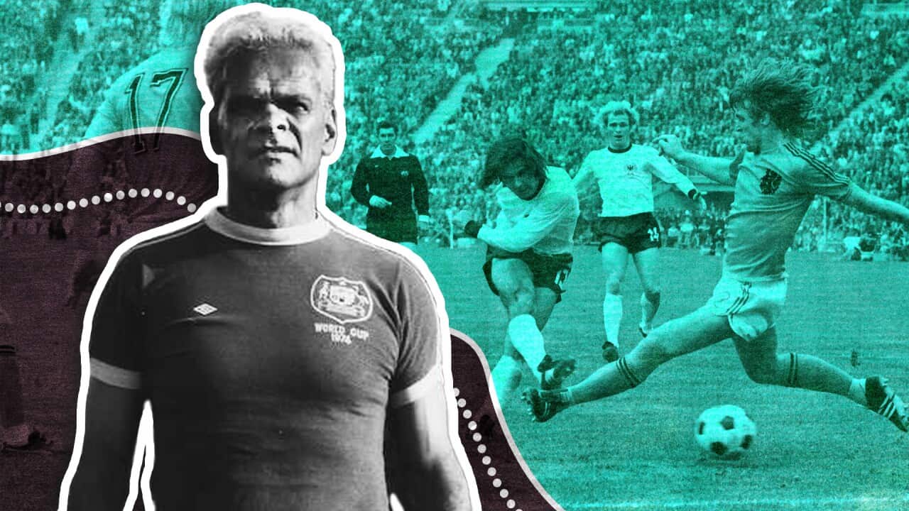 black and white head and torso of harry williams in a soccer uniform, superimposed on a shot of players in the 1974 world cup in germany in a packed stadium