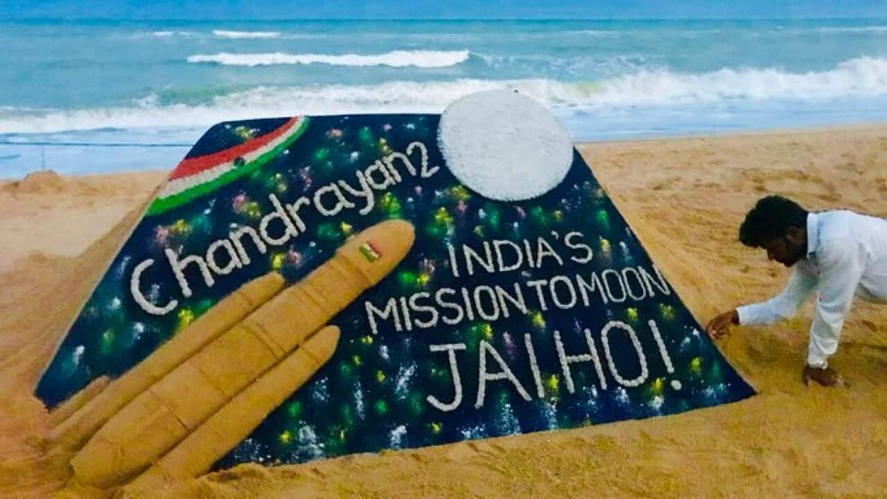 A sand sculpture dedicated to India's moon mission