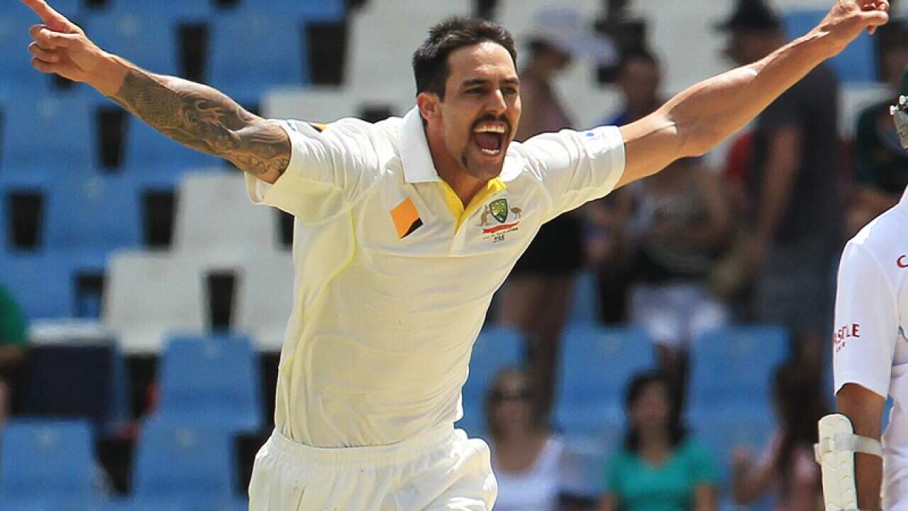 Mitchell Johnson reacts during the first test