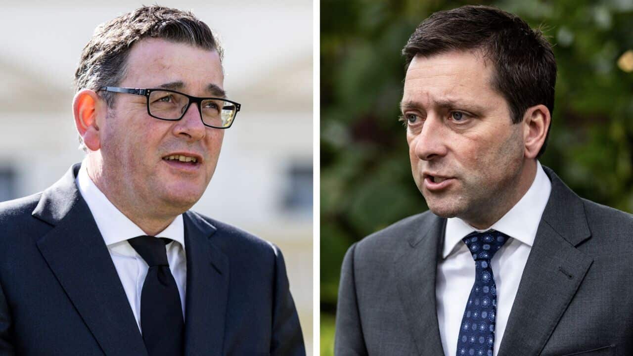 A combined image shows (left) Victorian Premier Daniel Andrews during a press conference in Melbourne, Monday, September 12, 2022 and (right) Victorian Opposition Leader Matthew Guy during a press conference in Melbourne,
