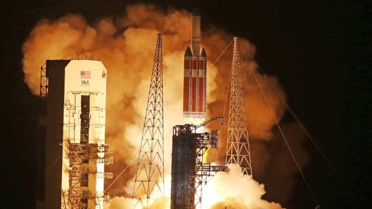 A United Launch Alliance Delta IV Heavy lifts off Sunday, Aug. 12, 2018 from Space Launch Complex-37 at Cape Canaveral, Fla.