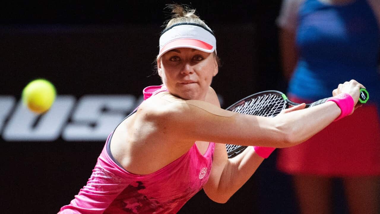 24 April 2019, Stuttgart: Russian tennis player Vera Zvonareva in action against Belarus's Victoria Azarenka during their women's singles round of 32 match on the third day of the Stuttgart Open tennis tournament at the Porsche-Arena. The Organizing Commi