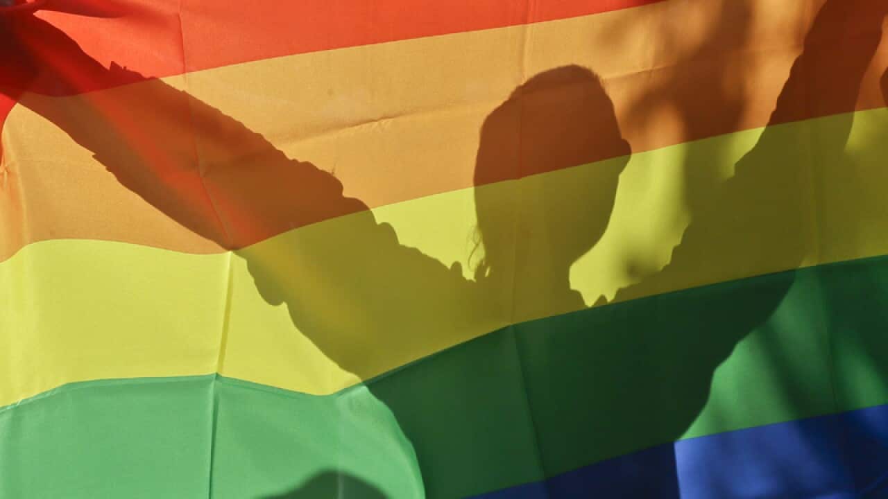 A gay rights activist seen through a rainbow flag