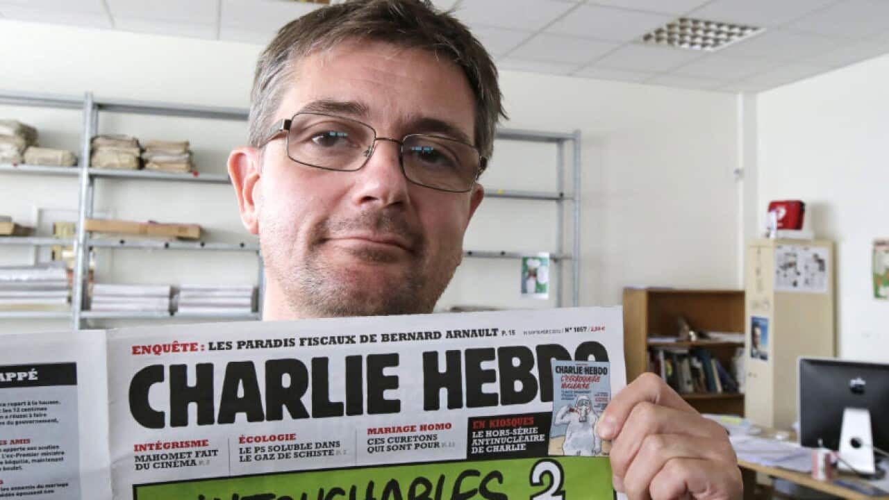 David Pope's famous sketch will hang in the Charlie Hebdo offices where staff, including Stephane Charbonnier (pictured) lost their lives in Janaury (AP).