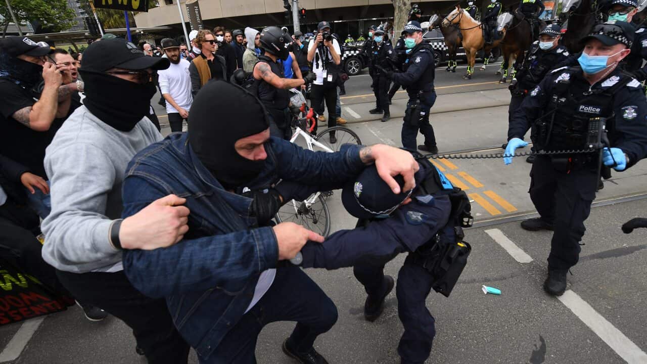 Protesters at an anti-lockdown protest in Melbourne on 23 October.