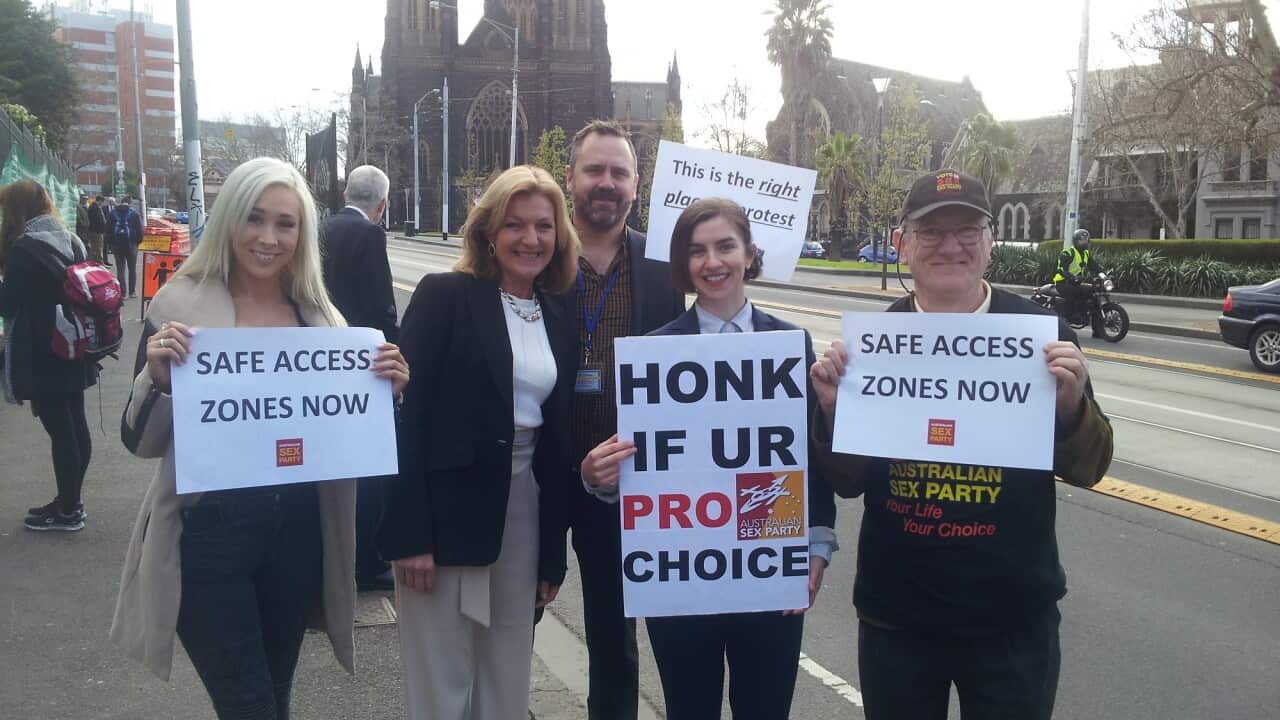 Members of the Australian Sex Party rally in Melbourne ahead of the introduction of a bill to ban protests outside abortion clinics. (AAP Image/NEWZULU)