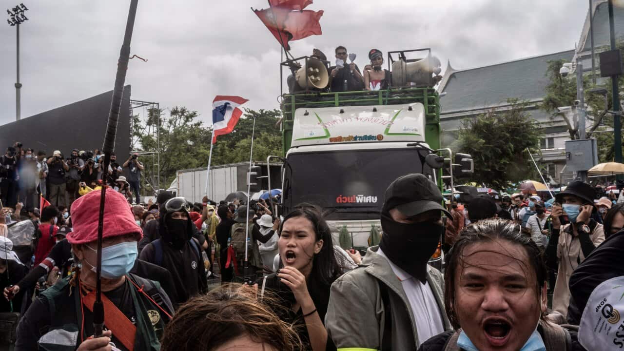 Part of a crowd of thousands of protesters gather in front of the Grand Palace in Bangkok on Sep. 19, 2020.