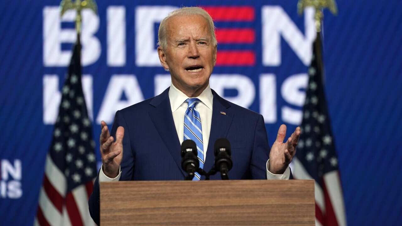 Democratic presidential candidate former Vice President Joe Biden speaks Wednesday, 4 November, 2020, in Wilmington, Delaware.
