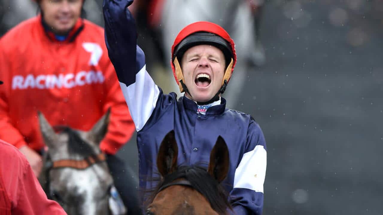 Jockey Kerrin McEvoy celebrates on Almandine after winning the Melbourne Cup