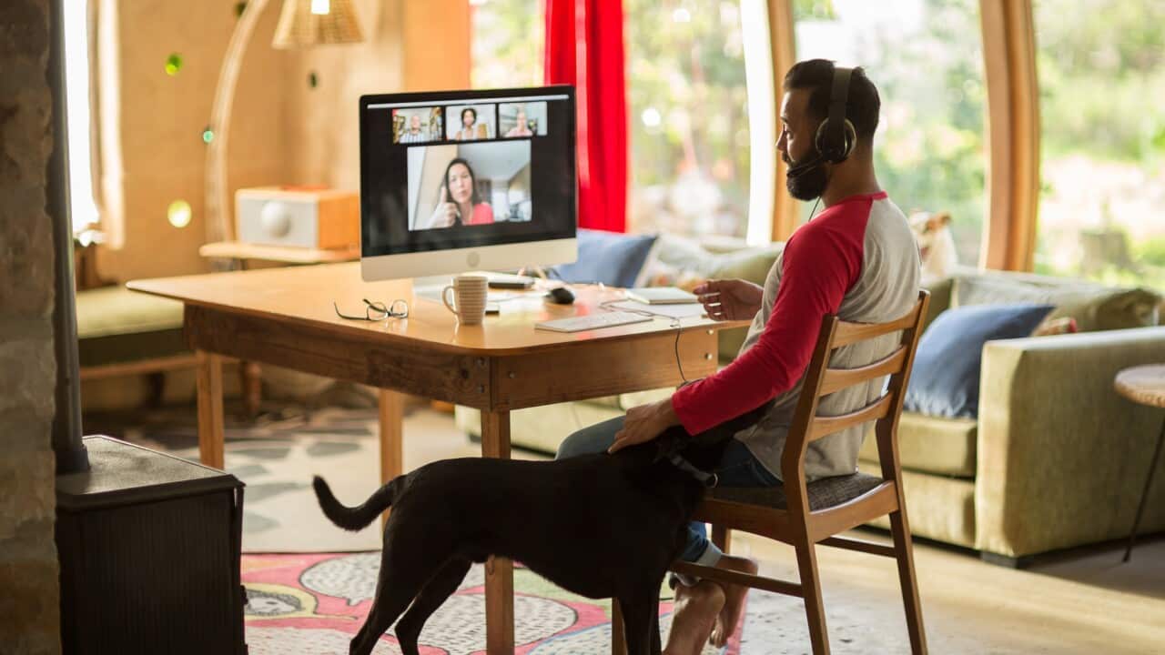 Mixed race man working from home on his computer during lockdown