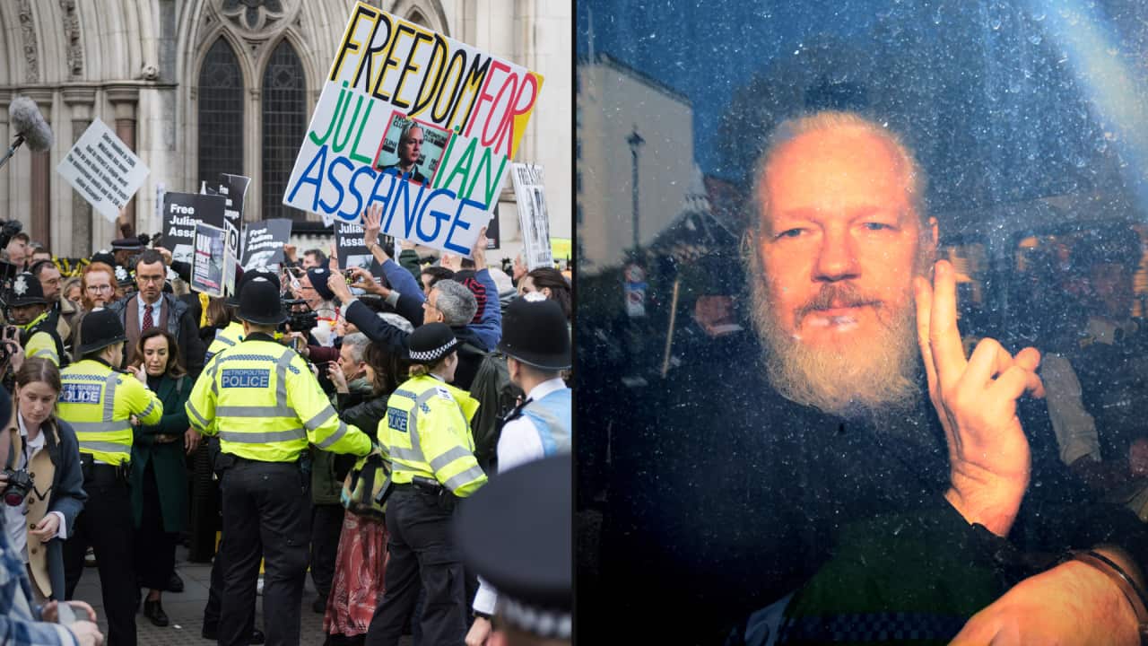 Left: Police make a path for a man and woman to walk through a crowd of protesters. Right: A man sitting inside a vehicle.