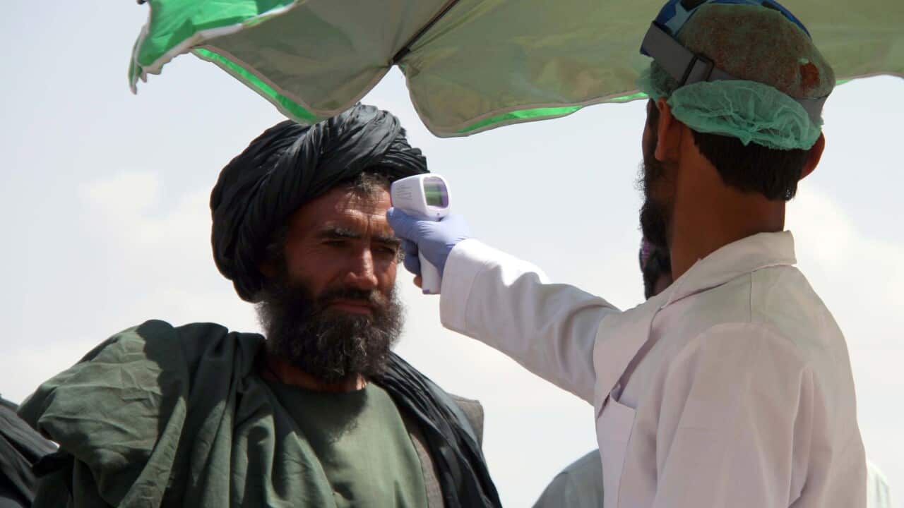 An Afghan health worker checks the body temperature of people to prevent the spread of the SARS-CoV-2 coronavirus.