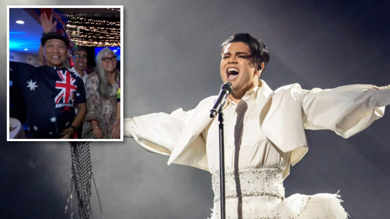 Sheldon Riley performs on the Eurovision stage in Italy as fans watch from Australia (inset).