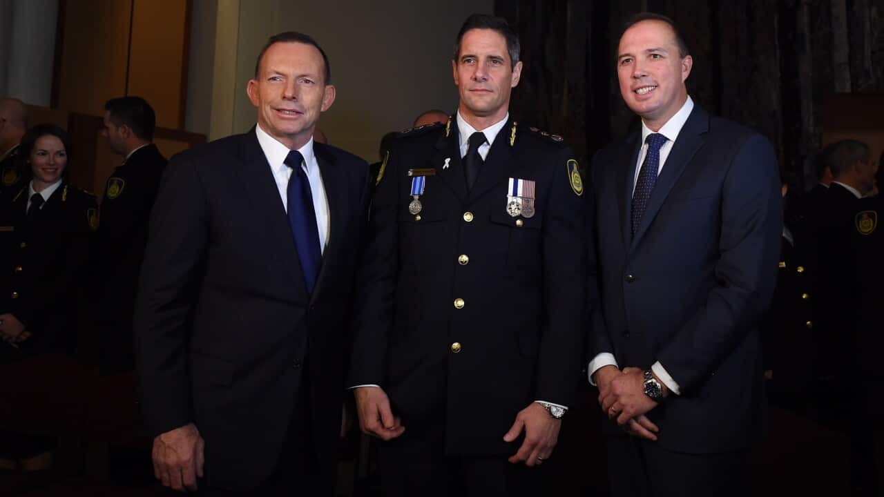 Prime Minister Tony Abbott, Border Force Commissioner Roman Quaedvlieg and Immigration Minister Peter Dutton, July 1, 2015. (AAP/Lukas Coch)