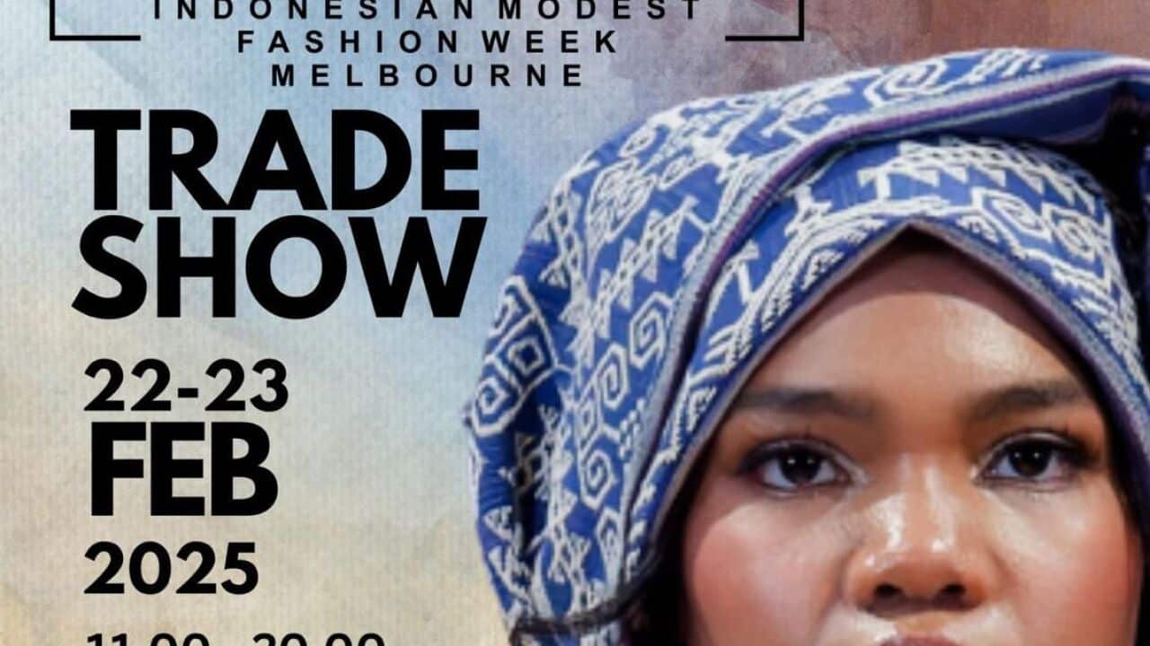Official flyer of Indonesian Modest Fashion Week Melbourne 2025 – 22 & 23 February at the Federation Square Atrium, Melbourne. Credit: PERWIRA – IMFWM 2025.