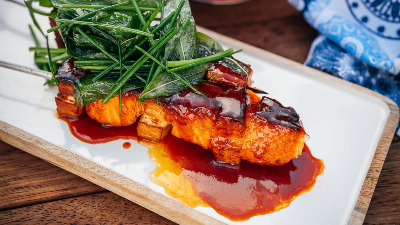 Salmon belly and bacon skewers with maple gochujang glaze