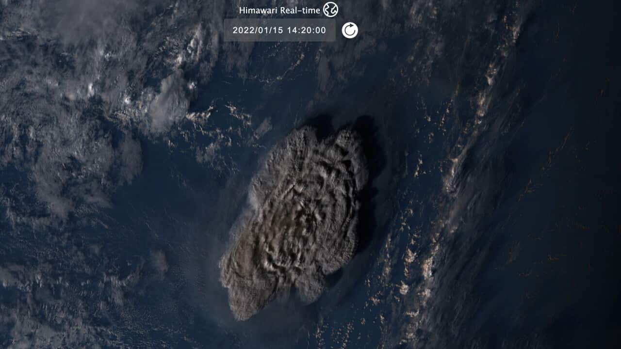 A satellite image shows the Tongan volcanic eruption