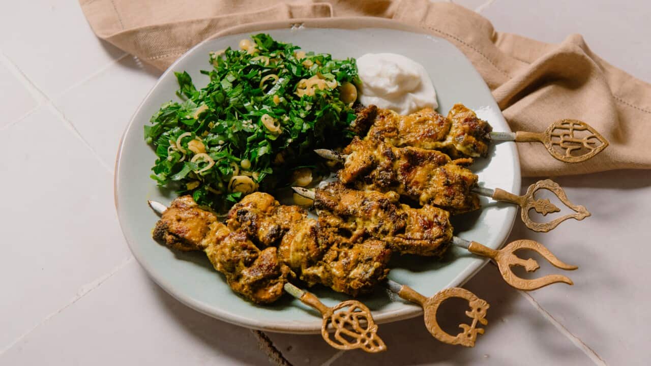 BBQ Persian chicken with toum & pickled chillies