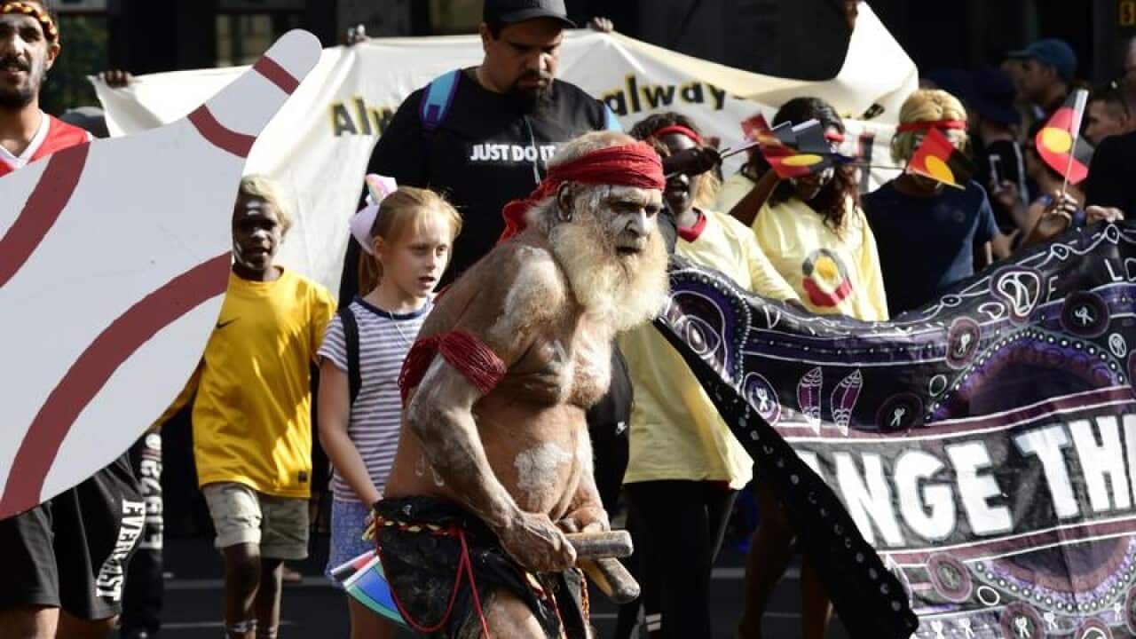Invasion Day protesters in in Adelaide on Australia Day.