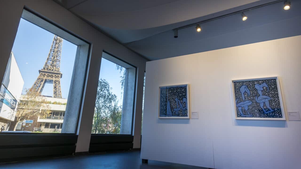 The Earth Is Blue exhibition by Dhambit Munungurr at the Australian Embassy in Paris.