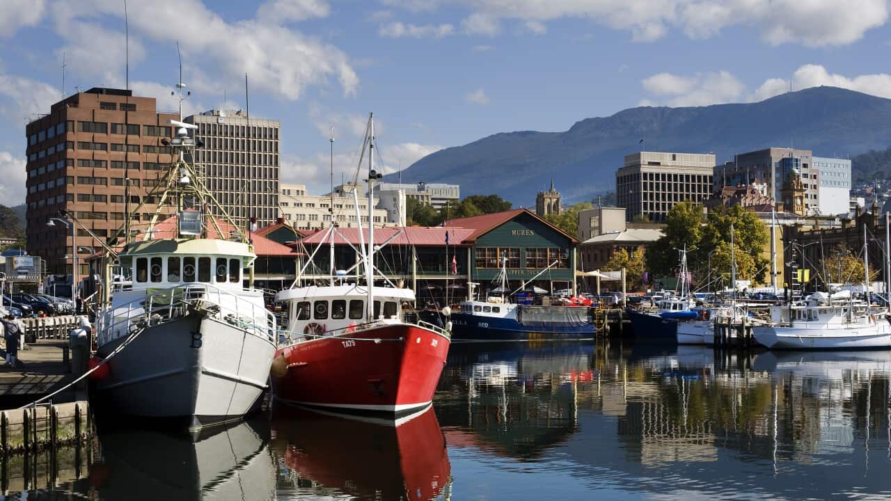A boat dock with buildings and hills in the background.