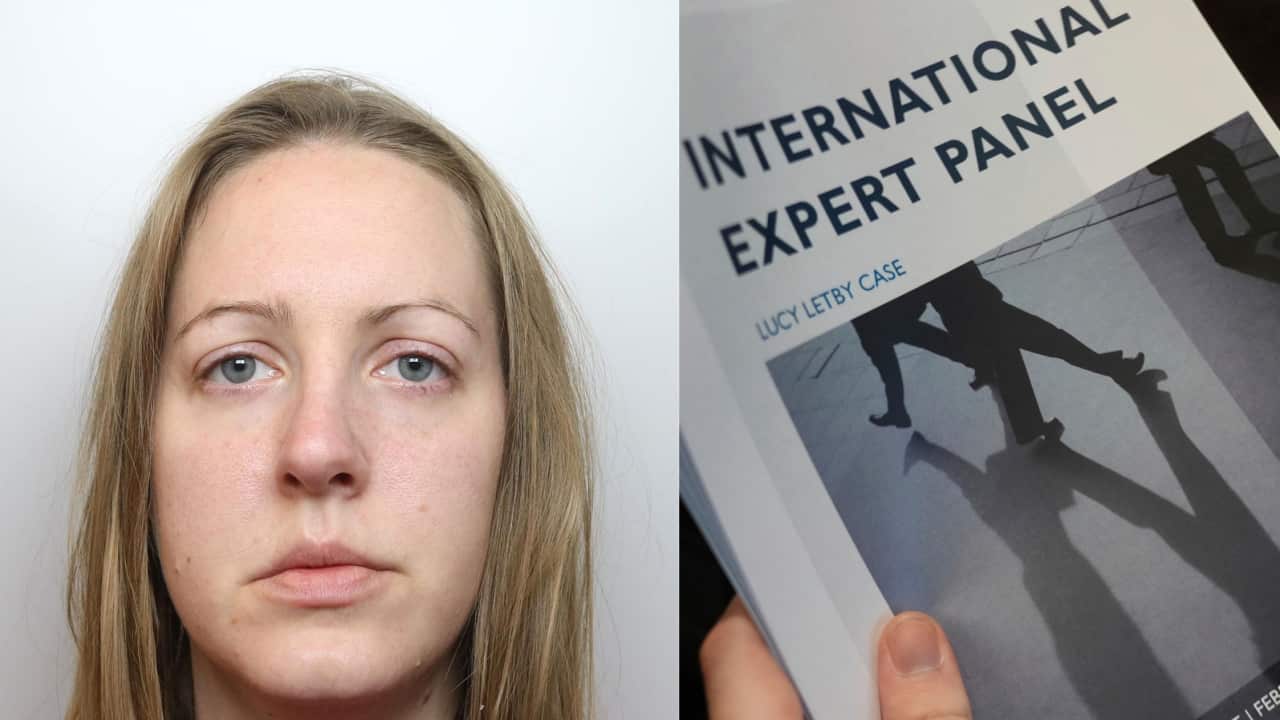 Two images of a woman's mugshot and a hand holding a report