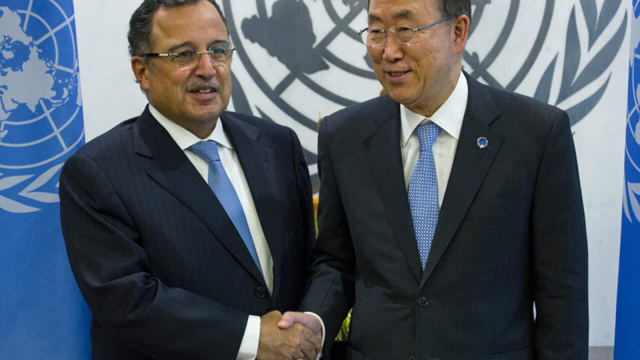 Egyptian Foreign Minister Nabil Fahmy and UN official Ban Ki-Moon