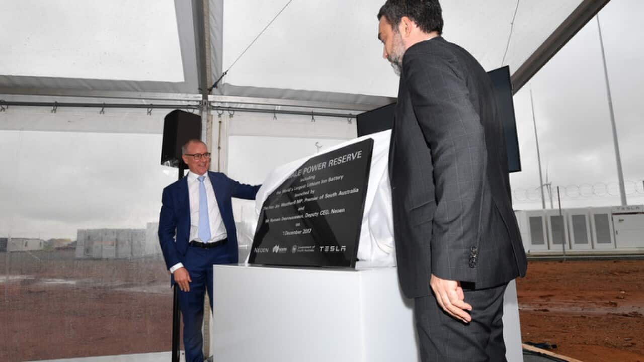 SA Premier Jay Weatherill opens the Tesla site with Neon Deputy CEO Roman Desrousseaux