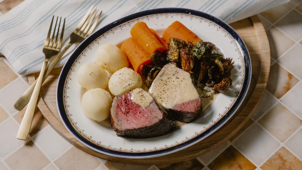 Roasted rump cap with garlic cream sauce