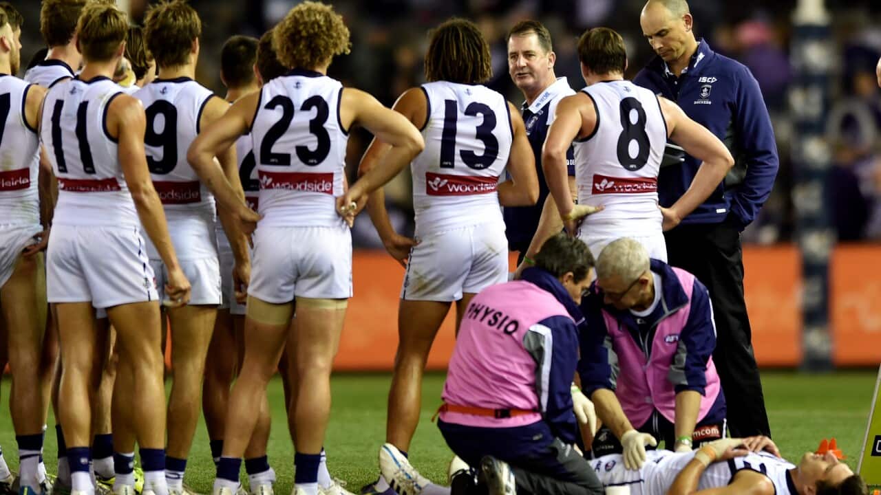 Coach Ross Lyon of the Dockers at halftime during their round 19 AFL match between the St Kilda Saints and the Fremantle Dockers at Etihad Stadium in Melbourne, Sunday, Aug. 9, 2015. (AAP Image/Tracey Nearmy) NO ARCHIVING, EDITORIAL USE ONLY