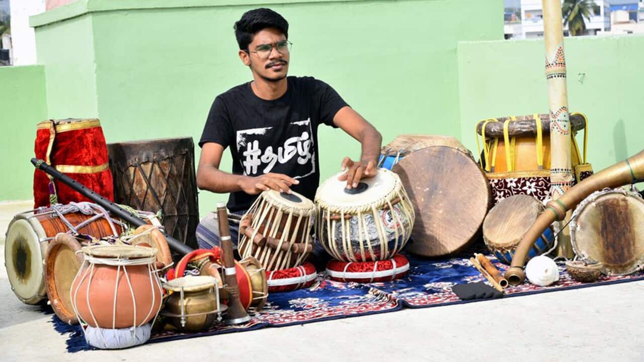 "Sound Mani" Manikandan, with a few Tamil instruments he can play