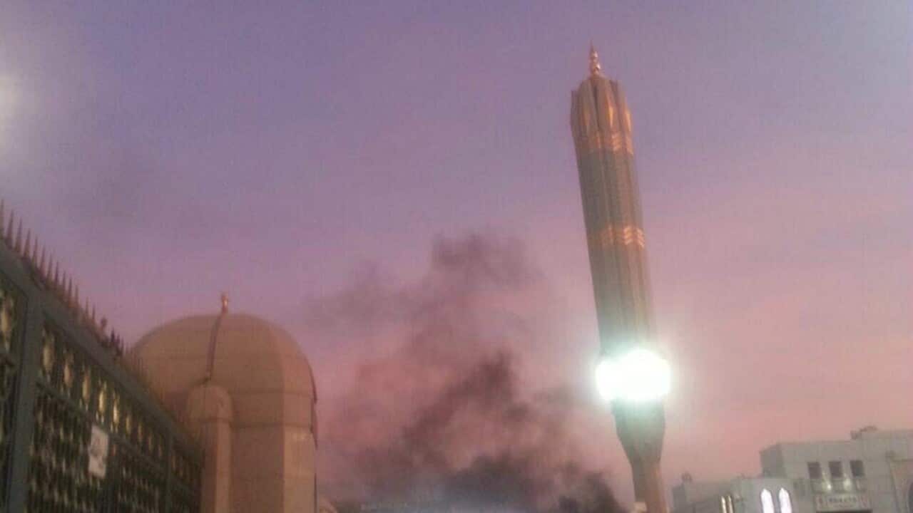 A handout photograph made available by the This Saudi Press Agency (SPA) shows smoke following a bomb explosion in Medina in 2016.