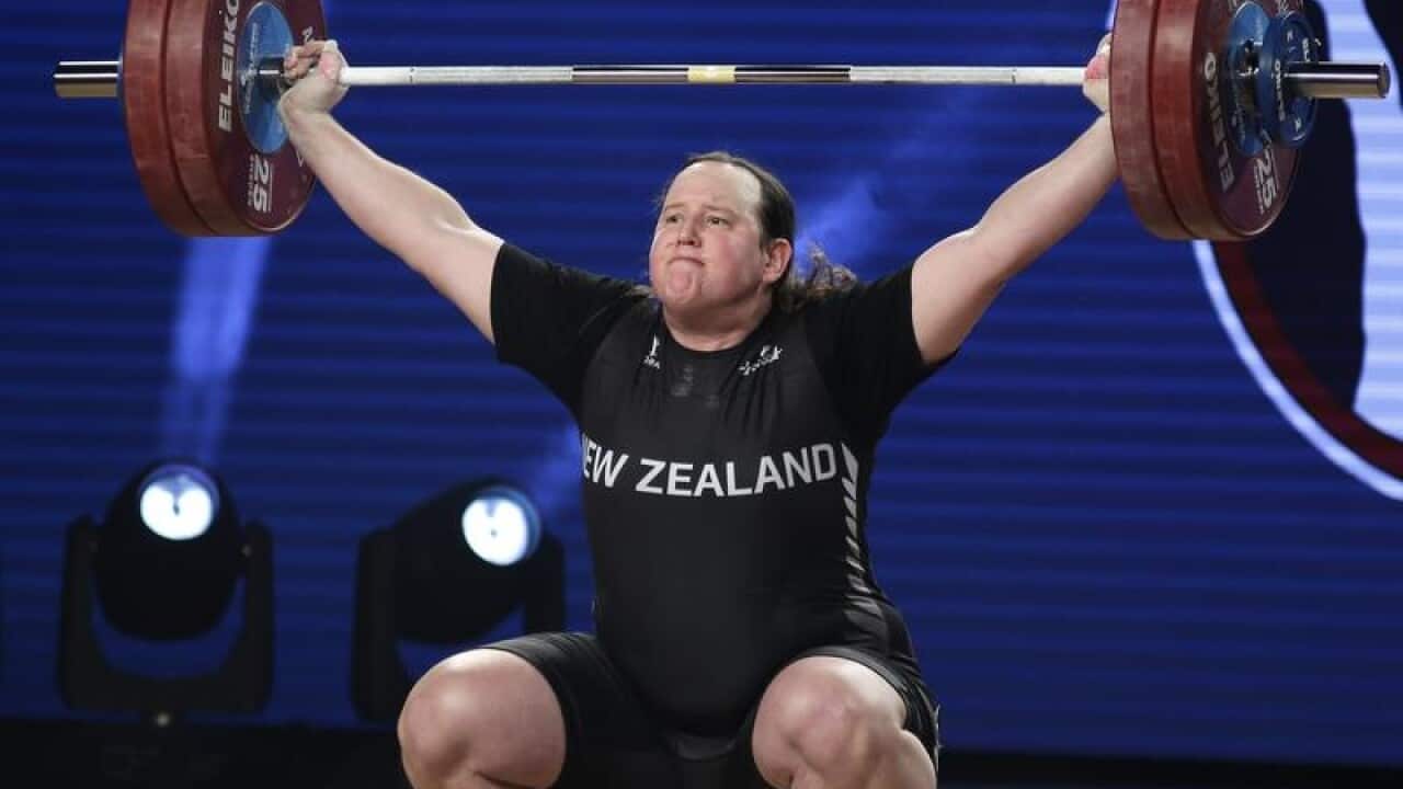 Transgender athlete Laurel Hubbard from New Zealand in action.