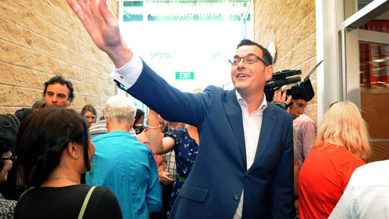 Victorian Labor Party leader Daniel Andrews is greeted by voters