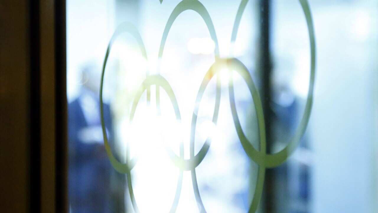 Olympic Rings on the glass doors of the Russian Olympic Committee.