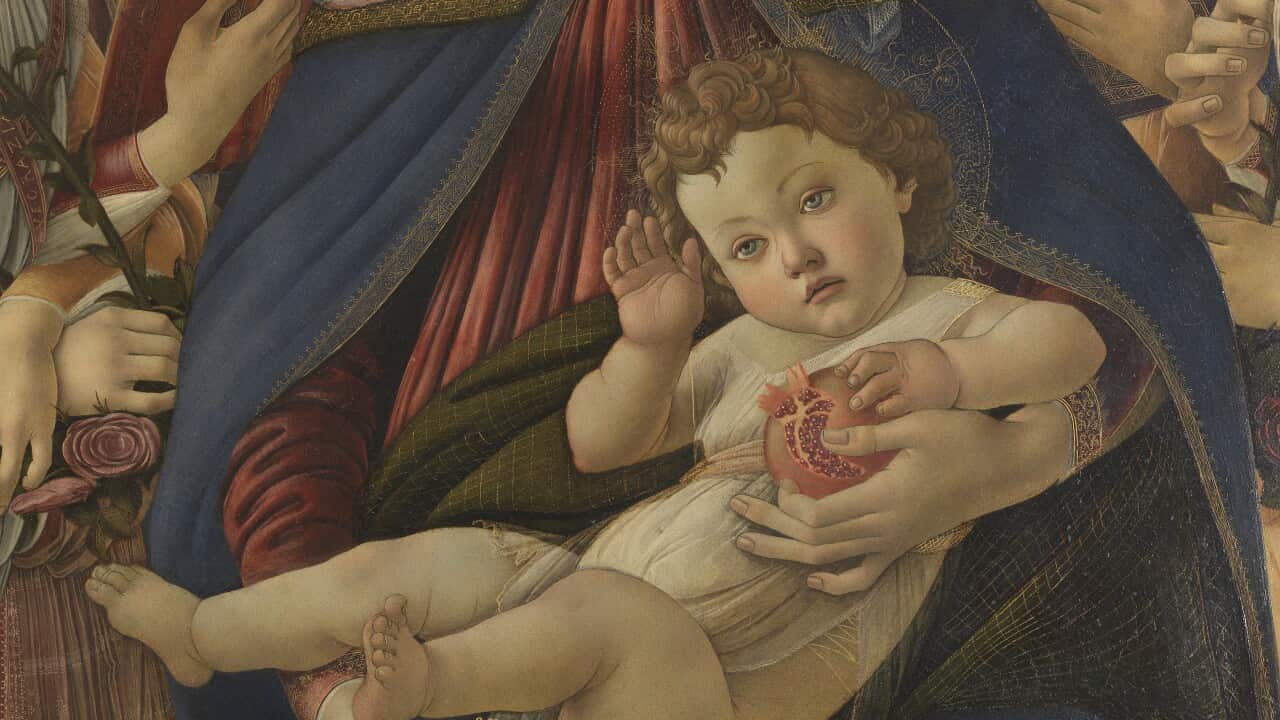 Virgin and Child with six angels (Madonna of the Pomegranate), by Sandro Filipepi Known as Botticelli, 1487, 15th Century, tempera on panel, 143,5 cm.