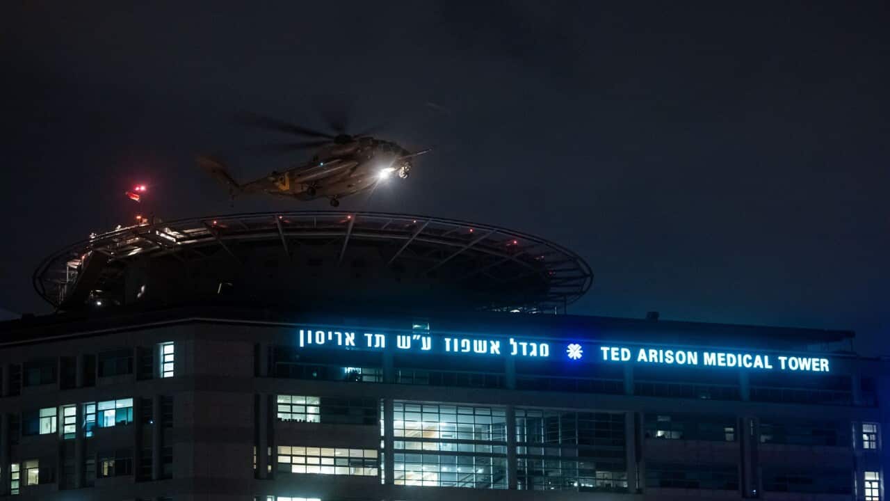 An Israeli army helicopter transporting recently freed Israeli hostages lands at the Ichilov hospital in Tel Aviv (AAP)