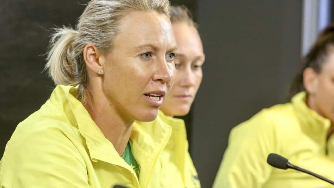 Australian Fed Cup Captain Alicia Molik speaks at a press conference.