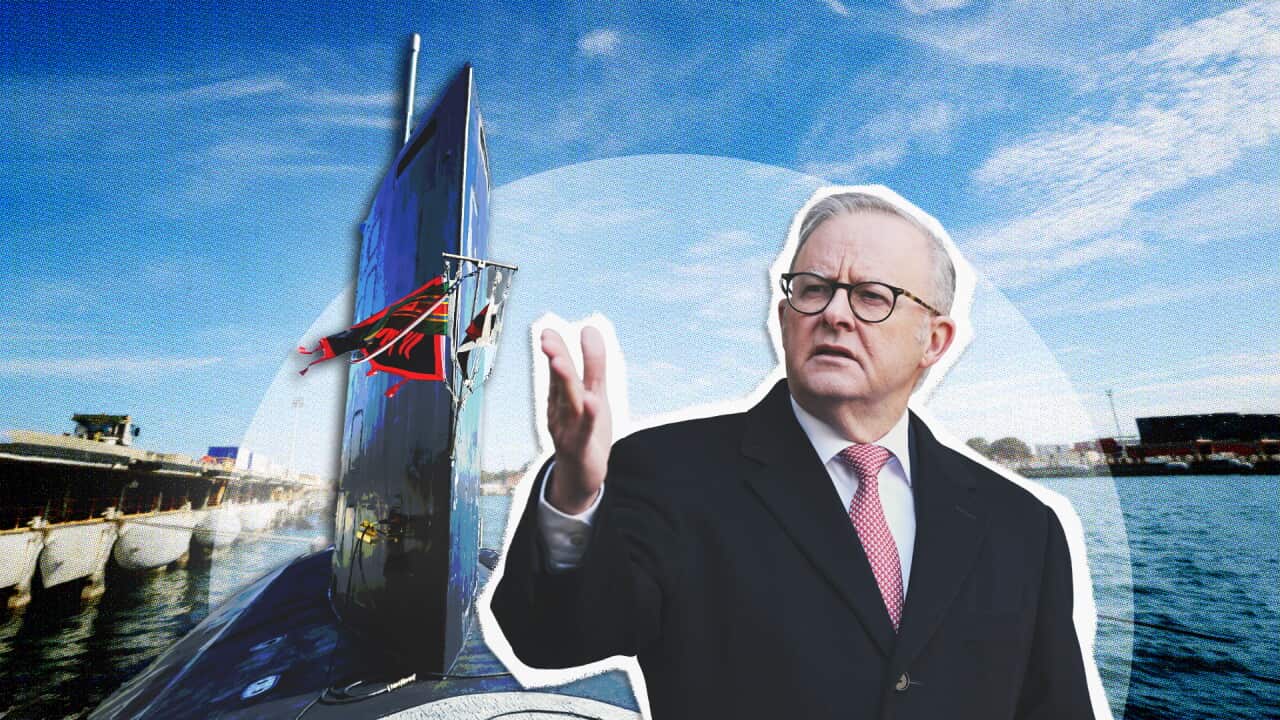 Prime Minister Anthony Albanese in front of a submarine