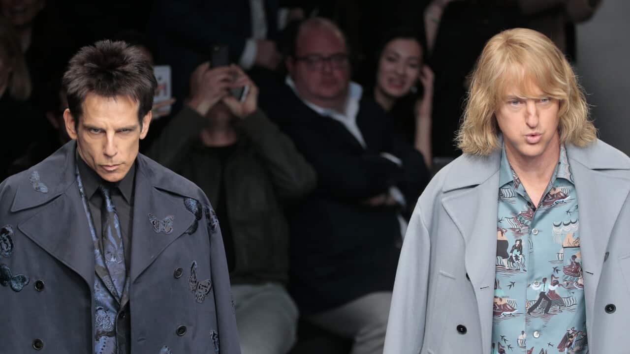 Actors Ben Stiller, left, and Owen Wilson wear creations for Valentino's ready-to-wear fall-winter 2015-2016 fashion collection presented during the Paris fashion week, in Paris, France, Tuesday, March 10, 2015.(AP Photo/Jacques Brinon)