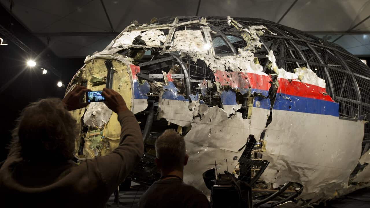 Part of the reconstructed forward section of the MH17 fuselage (AAP)