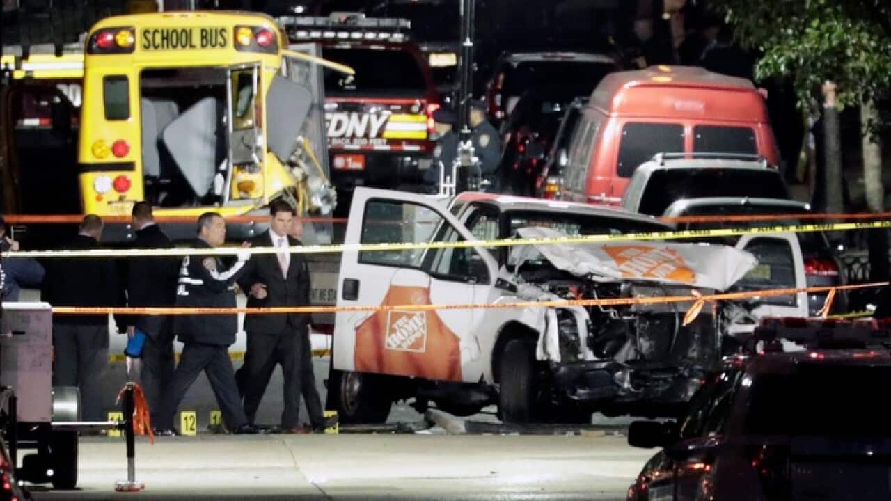 Authorities investigate the pickup truck and scene of a terror attack in downtown New York, New York, USA, 31 October