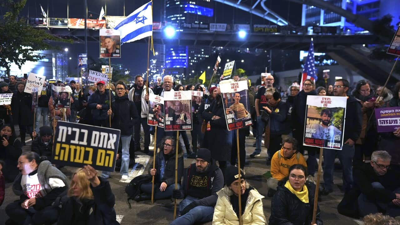 Relatives of hostages held by Hamas in the Gaza Strip, protest in Tel Aviv (AAP)