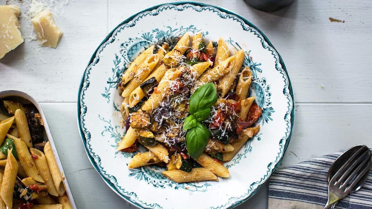 One tray roast vegetable tomato pasta