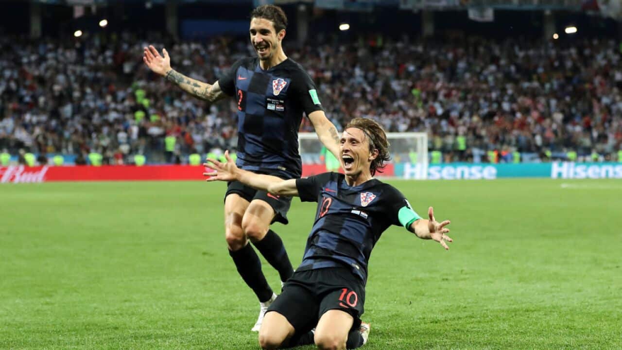 Luka Modric of Croatia celebrates after scoring his team's second goal during the 2018 FIFA World Cup Russia group D match.