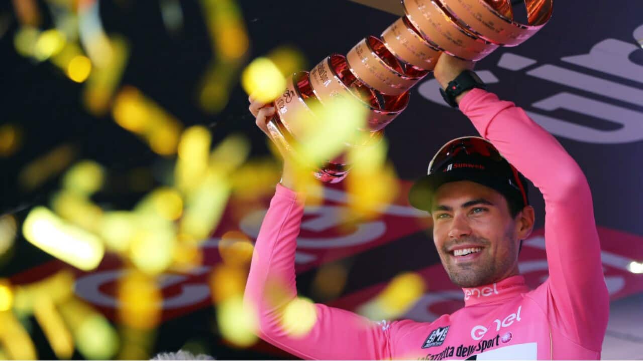 Dutch cyclist Tom Dumoulin celebrates winning the 2017 Giro d'Italia
