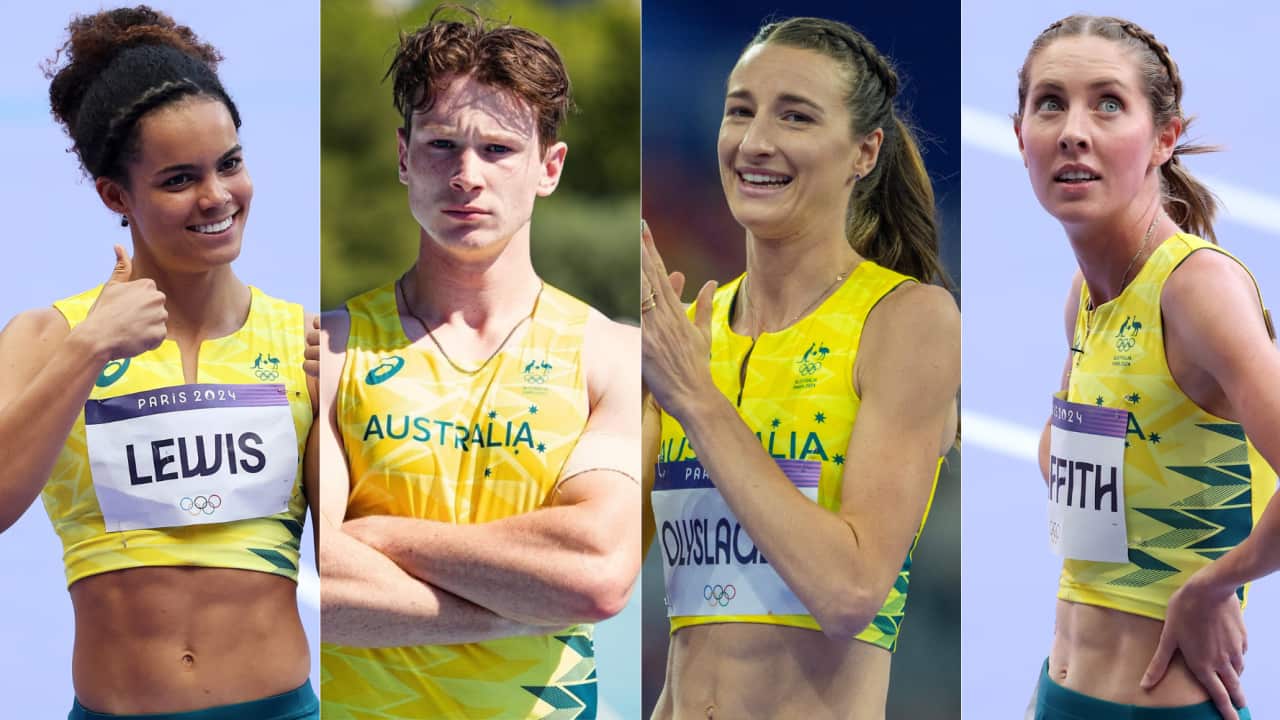 (L-R) Australians Torrie Lewis, Lachlan Kennedy, Nicola Olyslagers, and Georgia Griffith will be competing at the 2025 World Athletics Indoor Championships