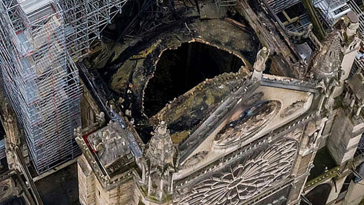 An aerial shot of the fire damage to Notre Dame cathedral in Paris