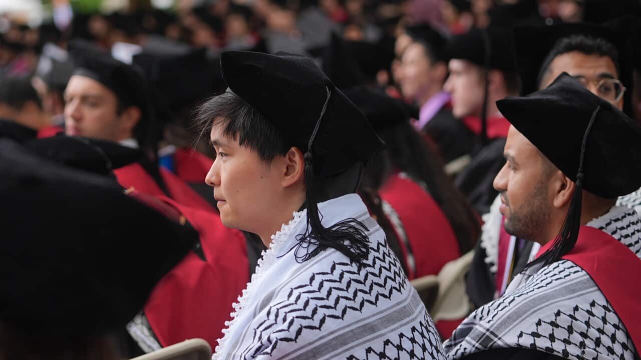 Harvard University students wearing a keffiyeh during a graduation ceremony on May 29, 2025.