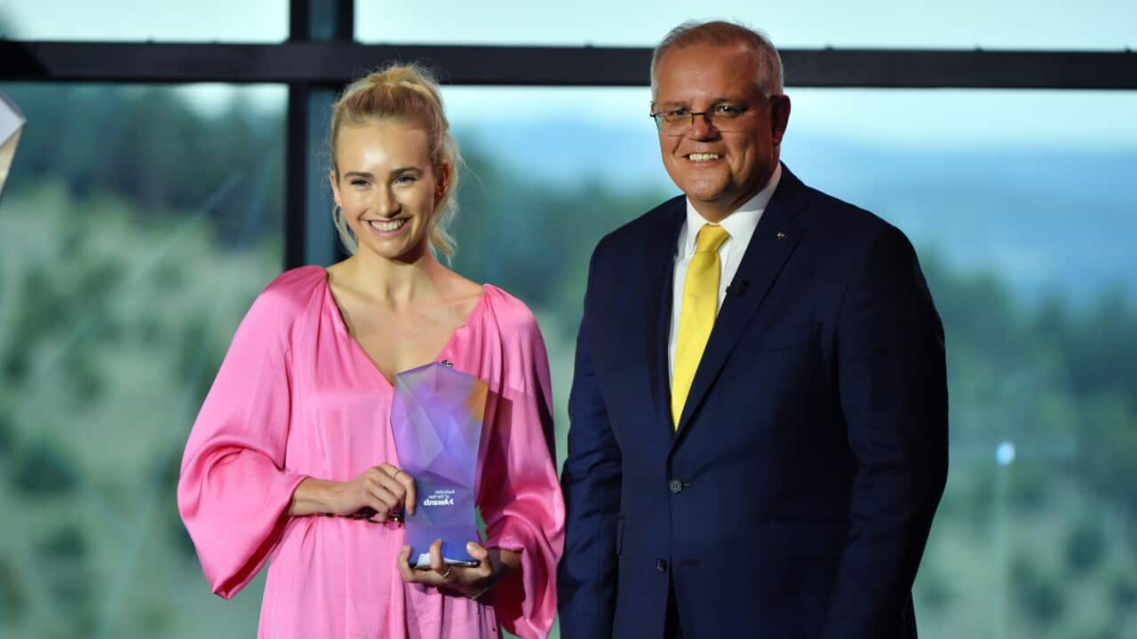 Prime Minister Scott Morrison with 2021 Young Australian of the Year winner Isobel Marshall during the 2021 Australian of the Year Awards at the National Arboretum in Canberra, Monday, January 25, 2021. (AAP Image/Mick Tsikas) NO ARCHIVING